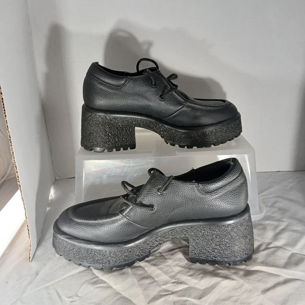 Bershka Womens Black Pebbled Platform Oxford Chunky Block Heel Shoes 39 1666/660